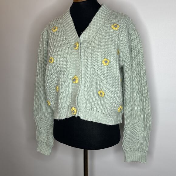 Hyfve Romantic Floral Cardigan Chunky Cropped Sweater Size M Grannycore Seafoam - Picture 3 of 10